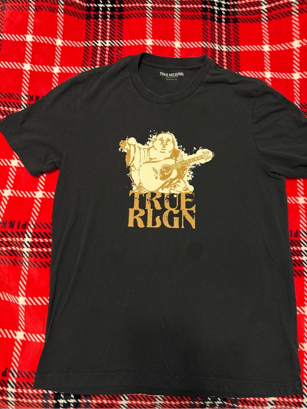 True Religion Black T-Shirt with Gold Buddha Guitar Graphic